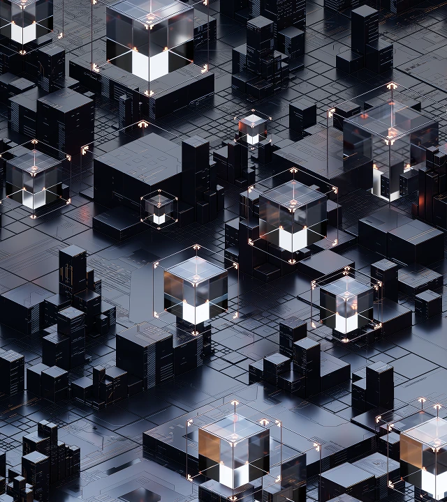 Ilustración 3D abstracta de una ciudad digital o estructura de circuitos con cubos cristalinos e iluminados sobre una superficie metálica.