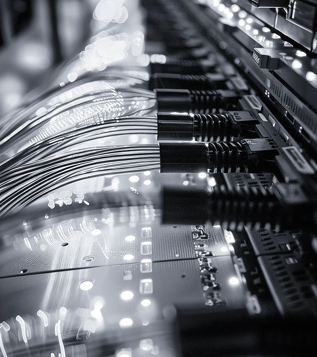 Fotografía en blanco y negro en plano detalle de cables de red de fibra óptica conectados a un panel de servidores.