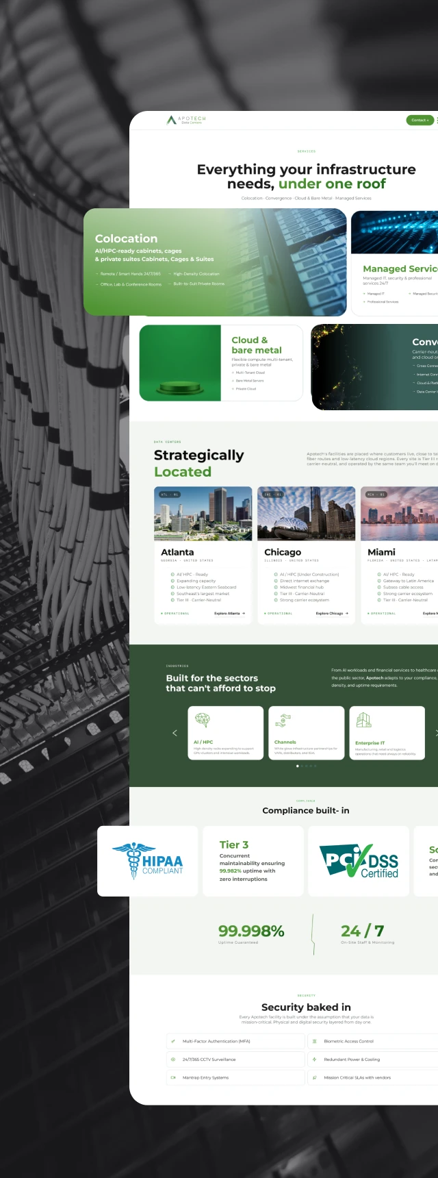 Captura de pantalla extendida del sitio web de Apotech mostrando servicios de colocación, ubicaciones estratégicas y certificaciones de cumplimiento.