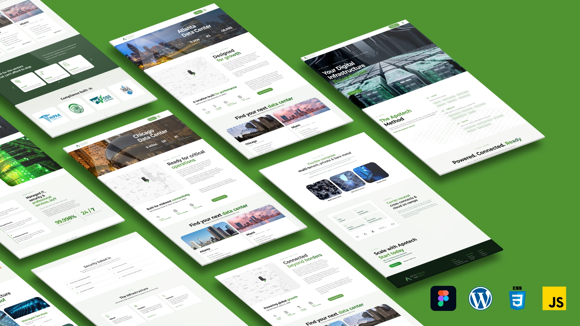 Composición isométrica en perspectiva de múltiples páginas web del proyecto Apotech sobre fondo verde, acompañada de iconos de tecnologías utilizadas.