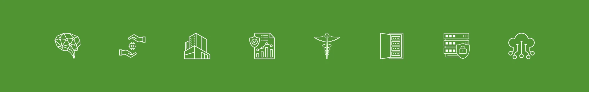 Línea horizontal de ocho iconos vectoriales blancos sobre fondo verde representando conceptos como IA, nube, seguridad y servidores.