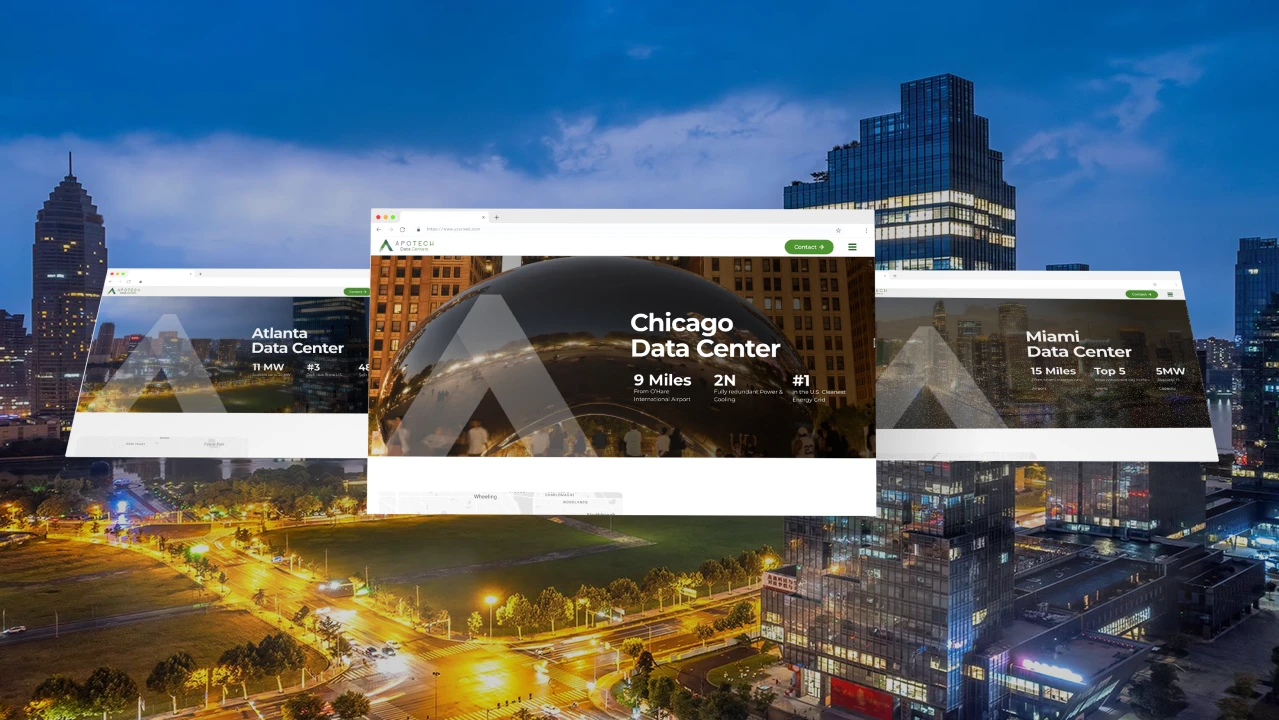 Mockup con tres ventanas de navegador que muestran las secciones de data centers en Chicago, Atlanta y Miami sobre un fondo urbano nocturno.