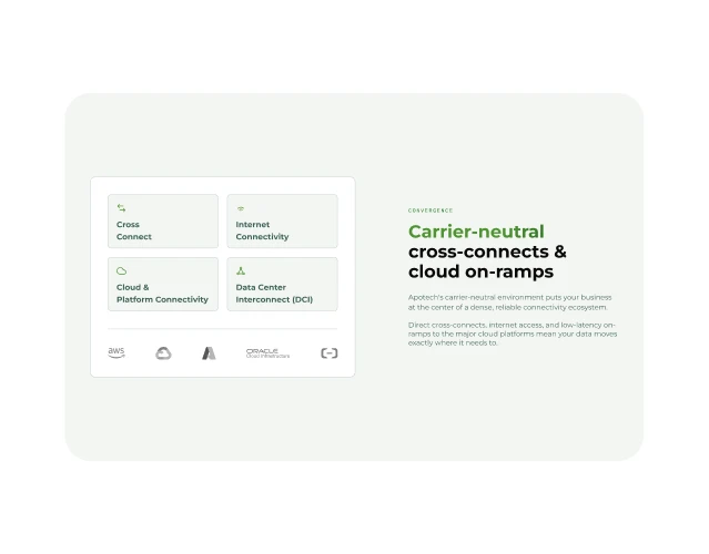 Tarjeta informativa del sitio web que detalla conexiones neutrales de red y enlaces a plataformas en la nube como AWS y Oracle.
