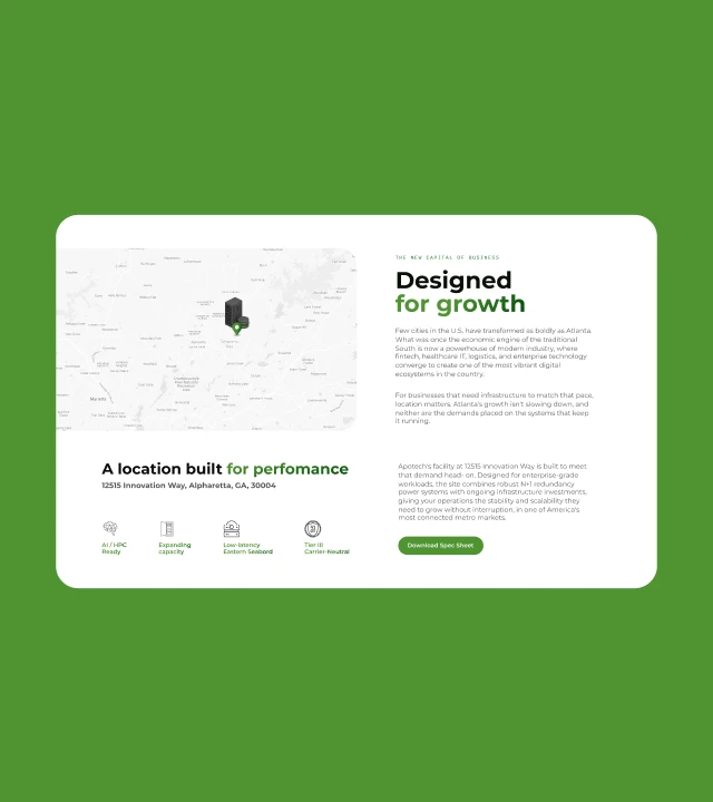 Sección del sitio web con un mapa interactivo de la ubicación del centro de datos en Georgia.