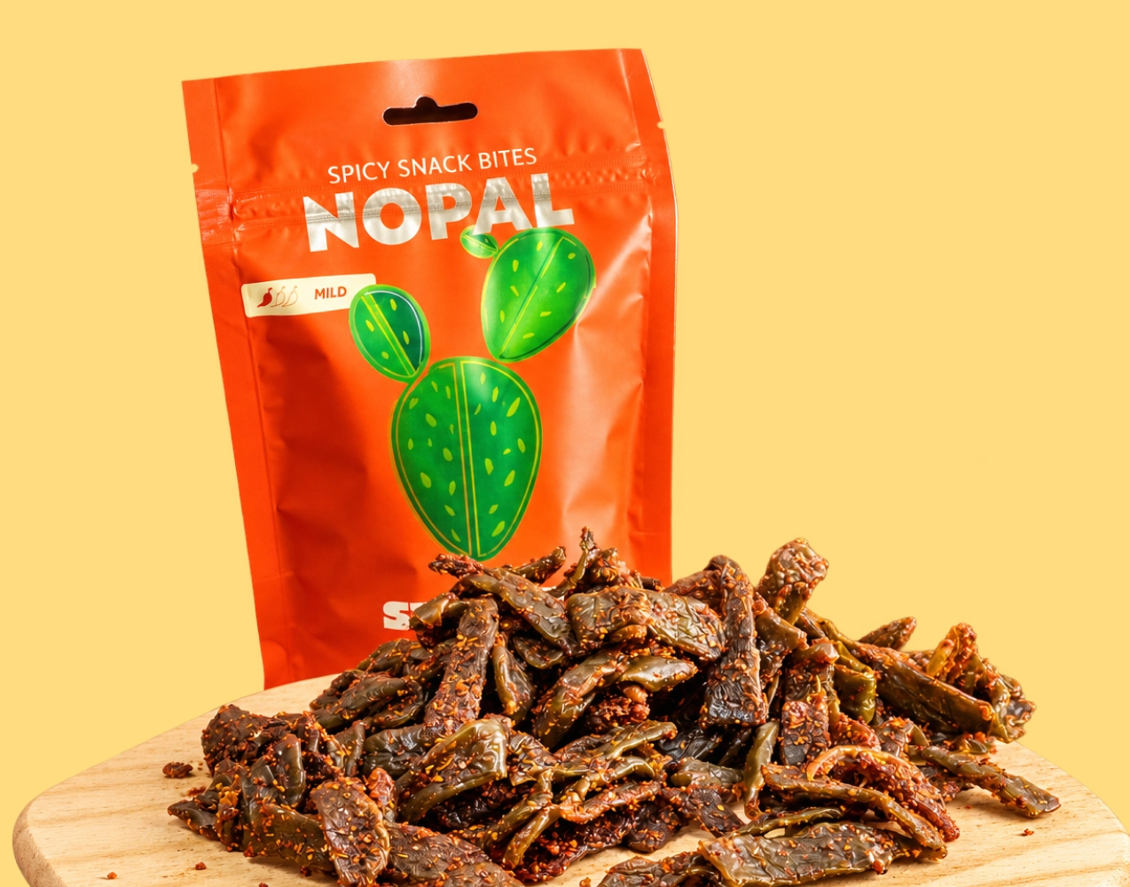 Bolsa de spicy snack bites de nopal de Snacky en color naranja brillante junto a una porción del bocadillo enchilado sobre una base de madera.