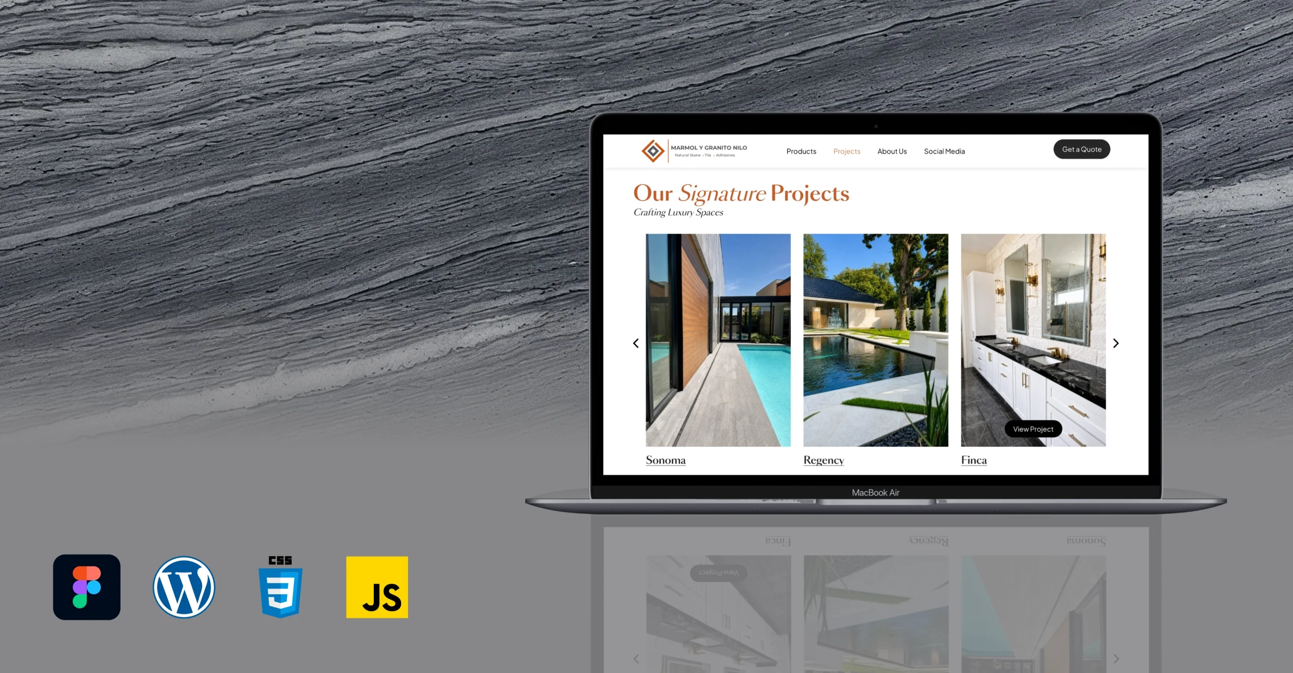Sitio web de Mármol y Granito Nilo mostrado en una laptop, con galería de proyectos residenciales y acabados en piedra natural.