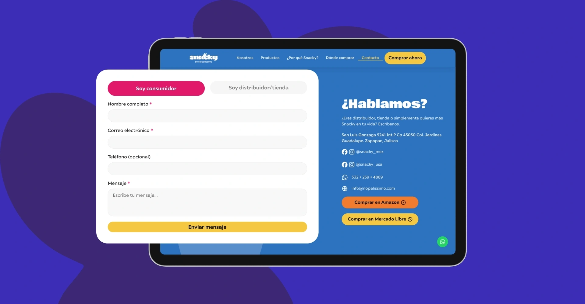 Formulario de contacto del sitio web de Snacky mostrado en una tablet